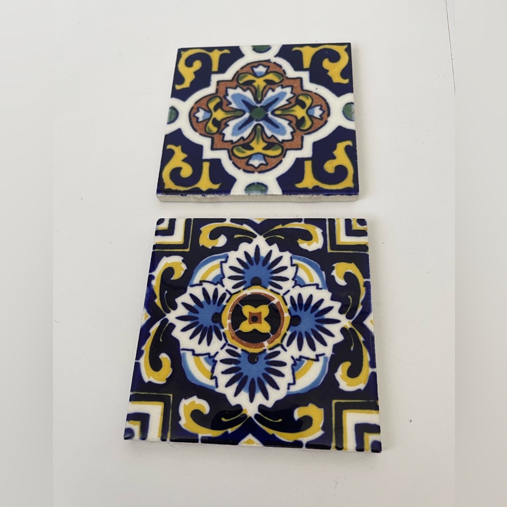 Mexican Talavera Ceramic Tile Coasters Trivet Pair Blue Yellow Handmade